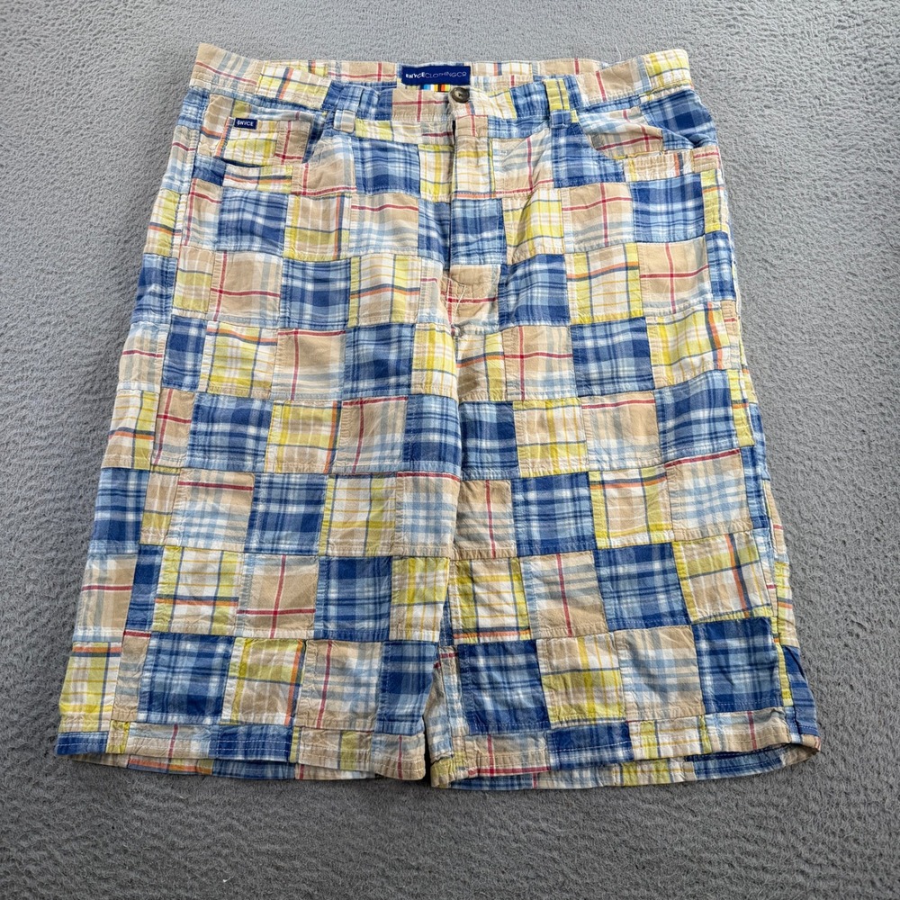 Enyce Shorts Patchwork Plaid Mens 40 Blue Yellow Cotton Y2K Streetwear Baggy